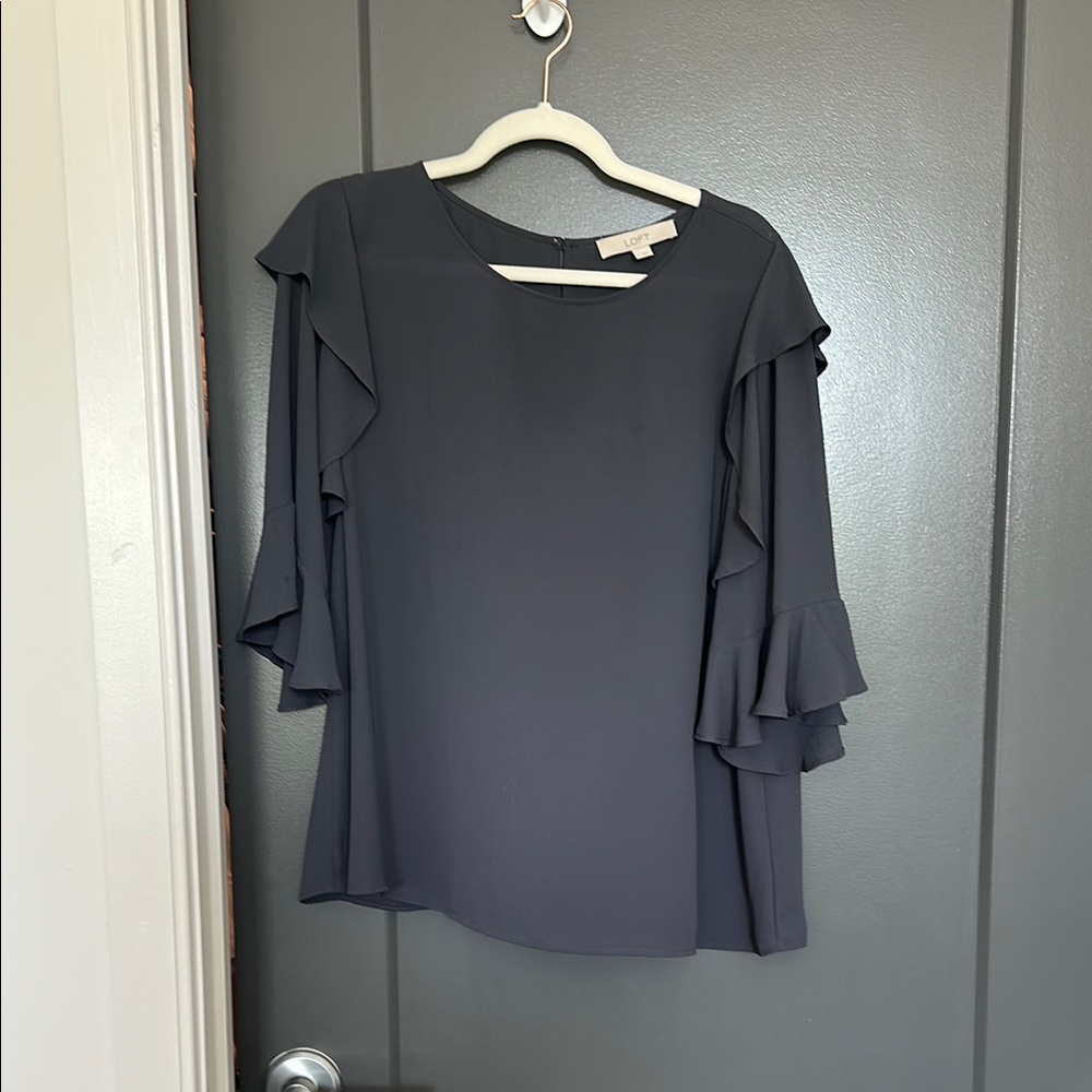 LOFT Grey Flutter Sleeve Blouse with Ruffled 3/4 Sleeves